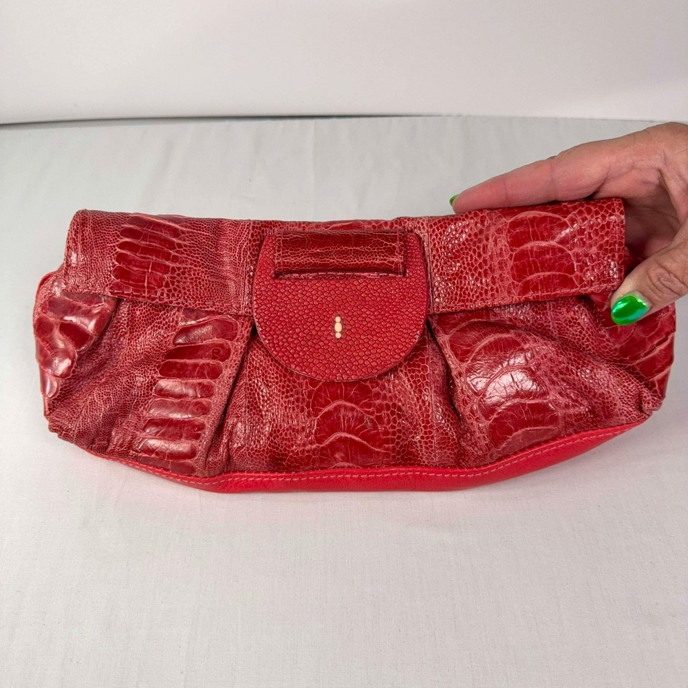 R&Y Augousti Python Stingray Leather Clutch Cranberry Red Magnetic Snap Bag